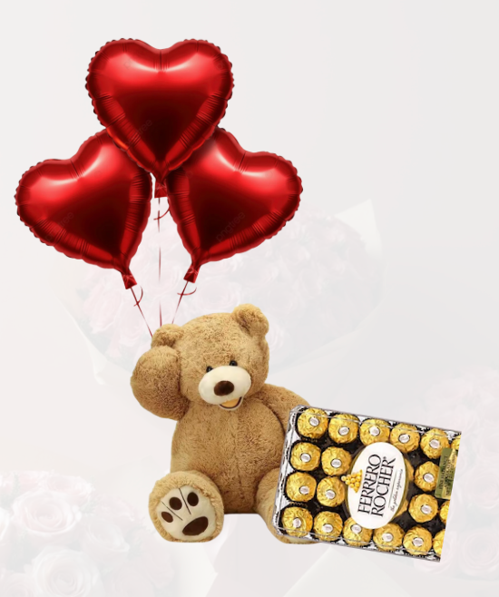 3 Heart Balloons + Teddy Bear + Chocolates