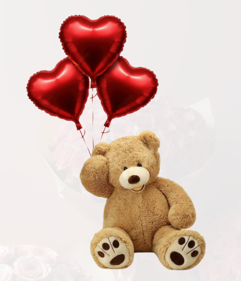 Teddy Bear + 3 Heart Balloons