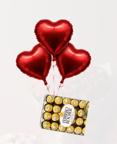 3 Heart Balloons + Chocolate Box