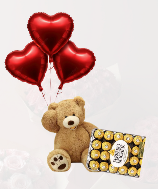 3 Heart Balloons + Teddy Bear + Chocolates